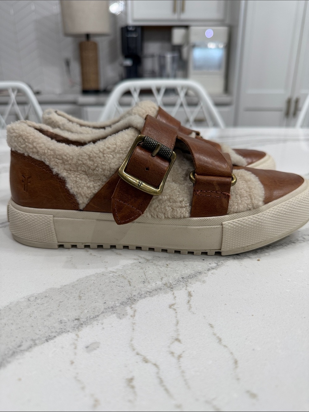 Frye Gia Moto Shearling Leather Buckle Sneakers Women’s 5.5M